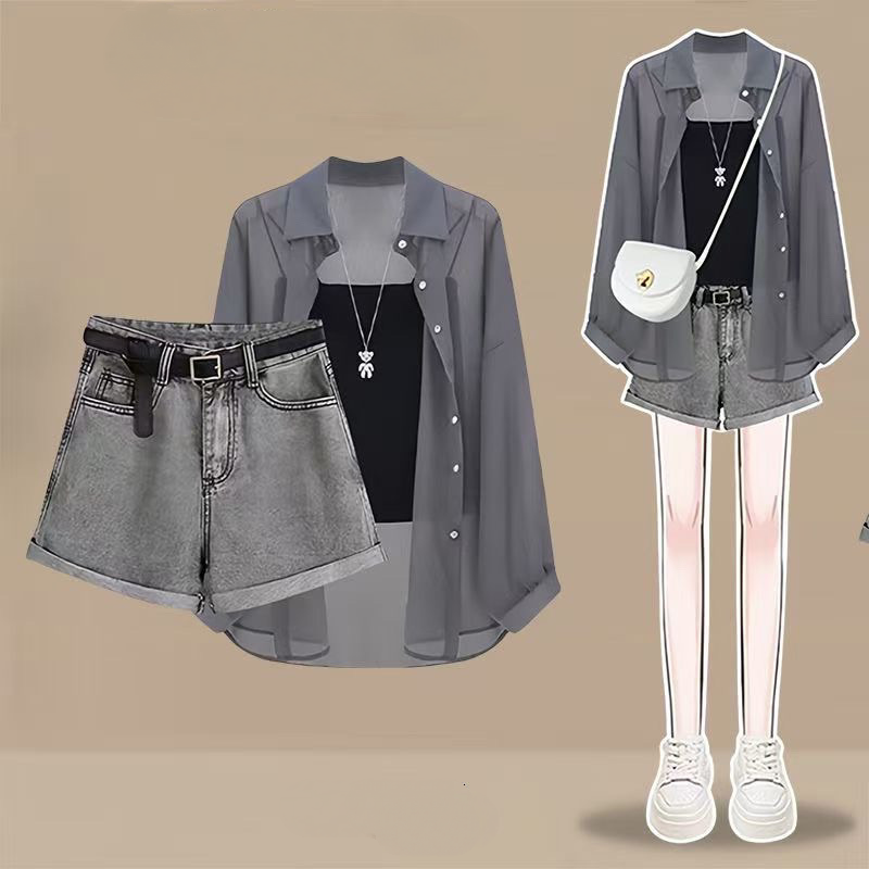 【單品/套裝】防曬襯衫吊帶牛仔短褲三件套裝-lululam