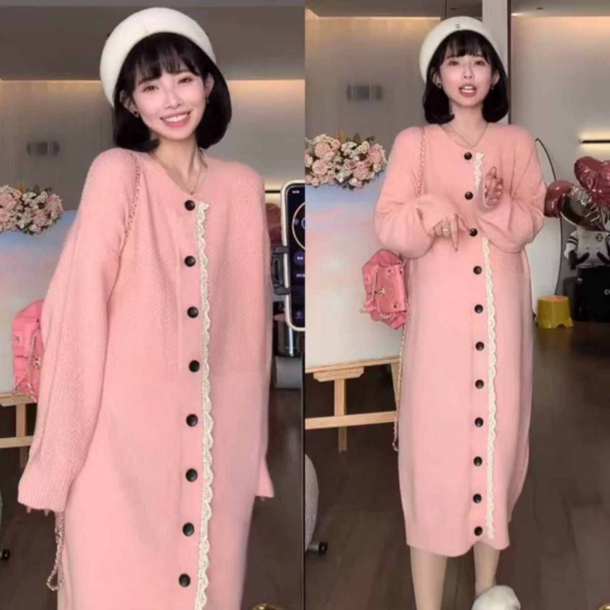 韓版慵懶寬鬆圓領針織開衫連衣裙