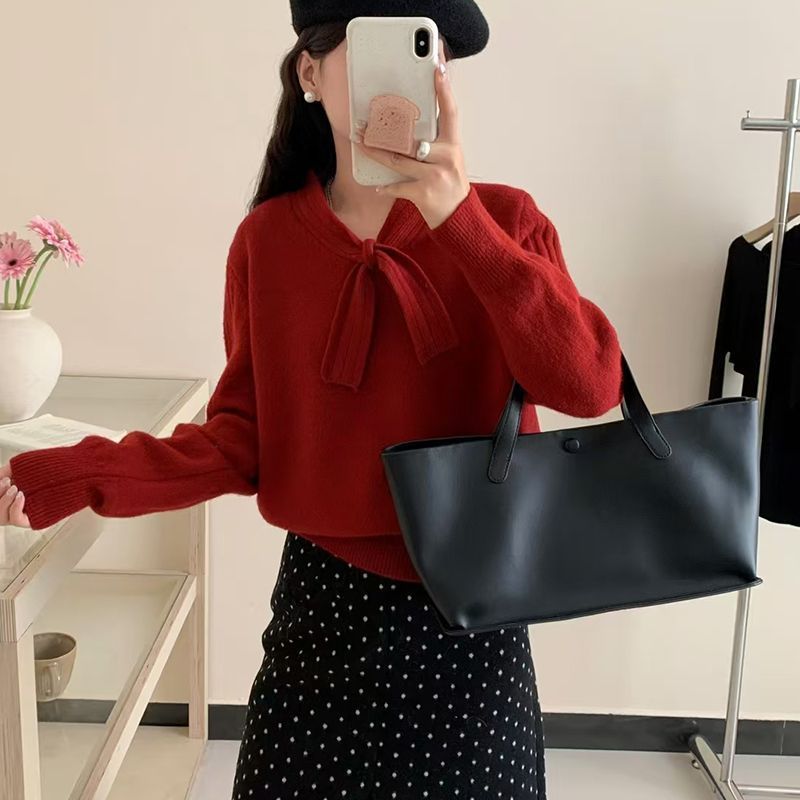 新款小香風立體蝴蝶結溫柔軟糯百搭針織衫