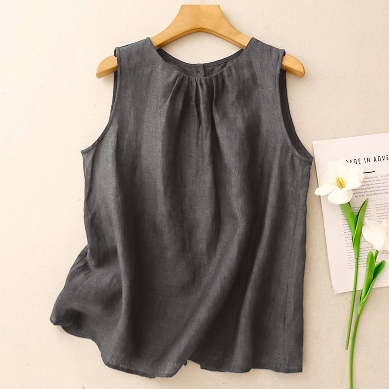 文藝風素色棉麻薄款寬鬆顯瘦無袖背心-lululam