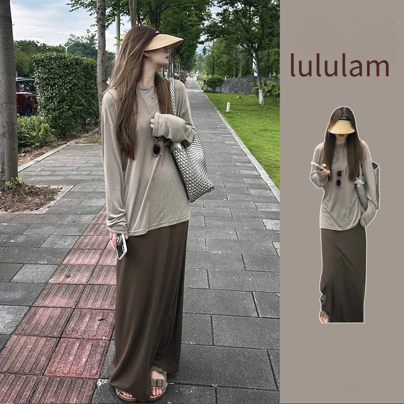 【單件/套裝】百搭長袖寬鬆T恤高腰半身裙子兩件套裝-lululam