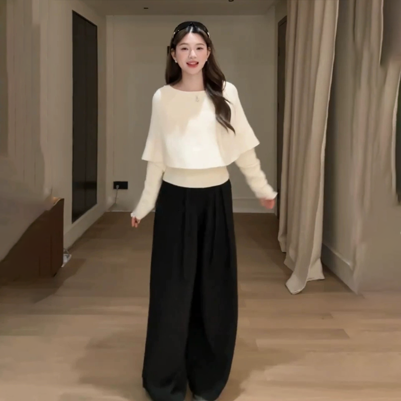 【單件/套裝】簡約法式假兩件針織毛衣+闊腿褲套裝