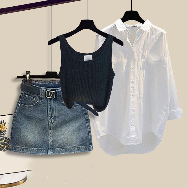 【單件/套裝】韓版百搭襯衫背心顯瘦牛仔裙三件套裝-lululam