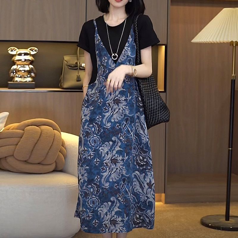 小香風有口袋吊帶假兩件大碼顯瘦過膝洋裝