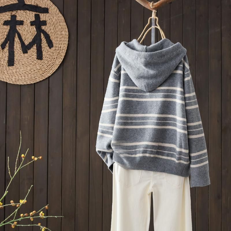 休閒慵懶長袖條紋顯瘦連帽針織毛衣