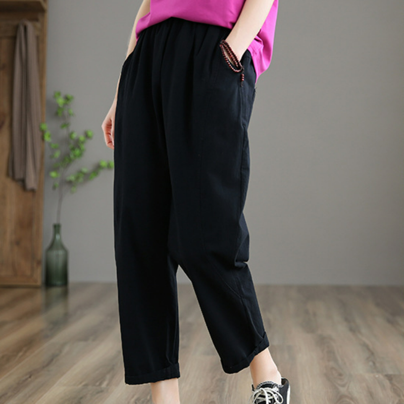 文藝復古高腰顯瘦純棉九分休閒直筒褲