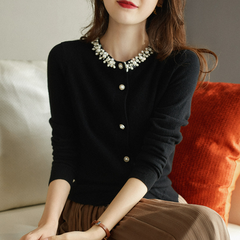 圓領釘珠寬鬆顯瘦氣質大碼針織開衫