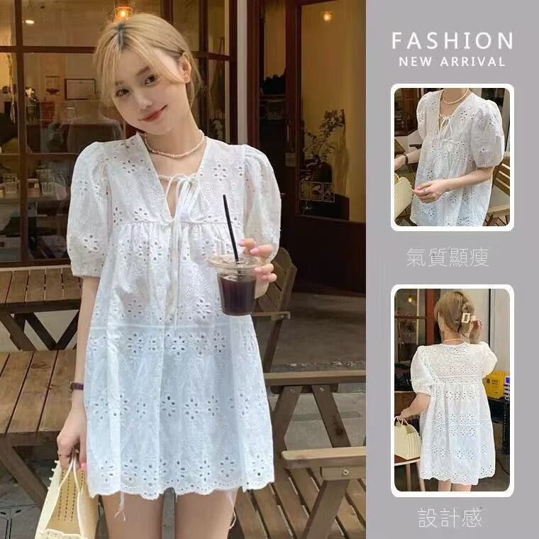 法式泡泡袖鏤空蕾絲設計感小眾V領短袖襯衫
