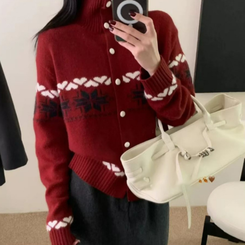 提花高領毛衣寬鬆顯瘦疊穿針織開衫