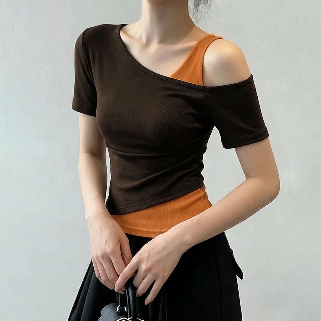 斜肩假兩件修身顯瘦拼色氣質休閒T恤