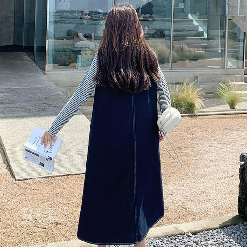 【單件/套裝】韓系條紋顯瘦上衣+復古牛仔背心洋裝兩件套-lululam