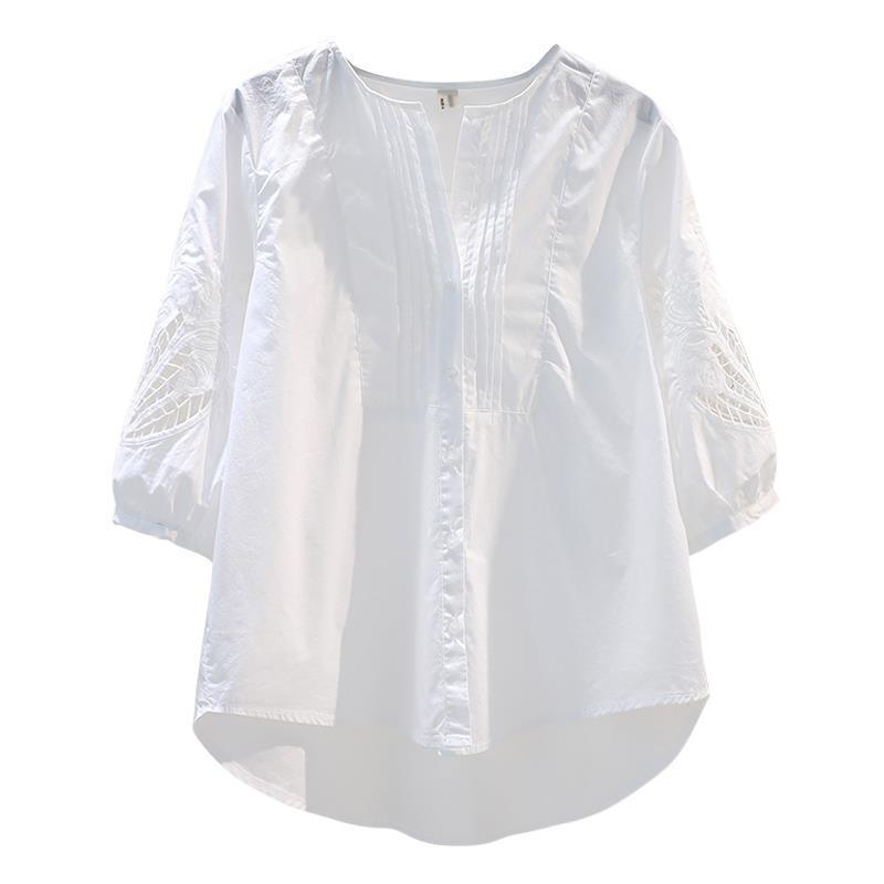 韓版純棉鏤空繡花清新寬鬆中袖襯衫-lululam