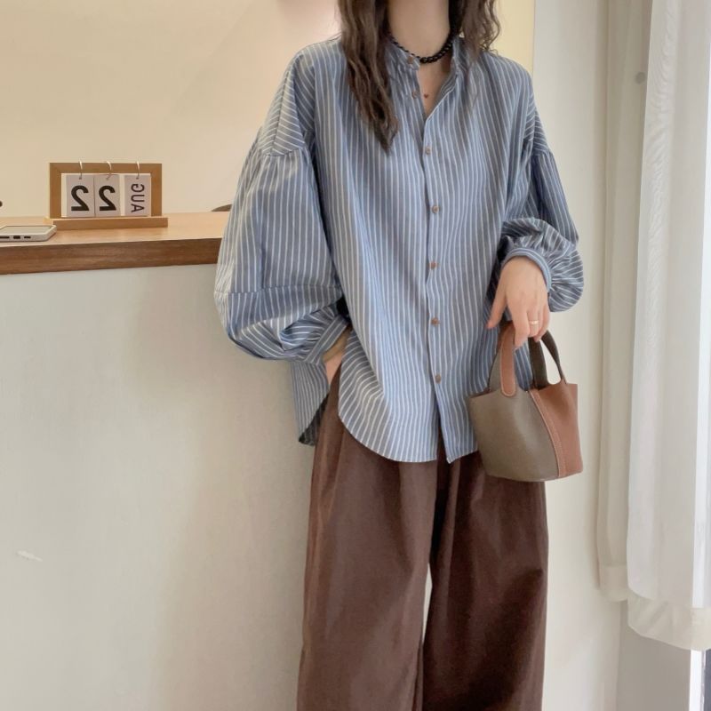 條紋燈籠袖顯瘦日系小立領寬鬆襯衫