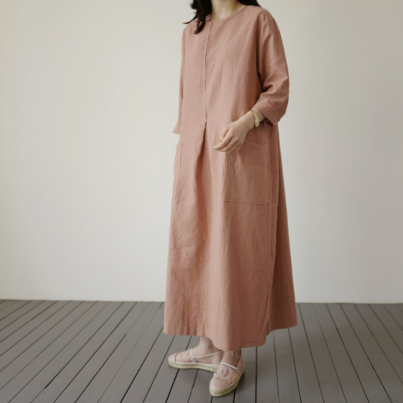 棉麻寬鬆韓版時尚大口袋中長休閒洋裝