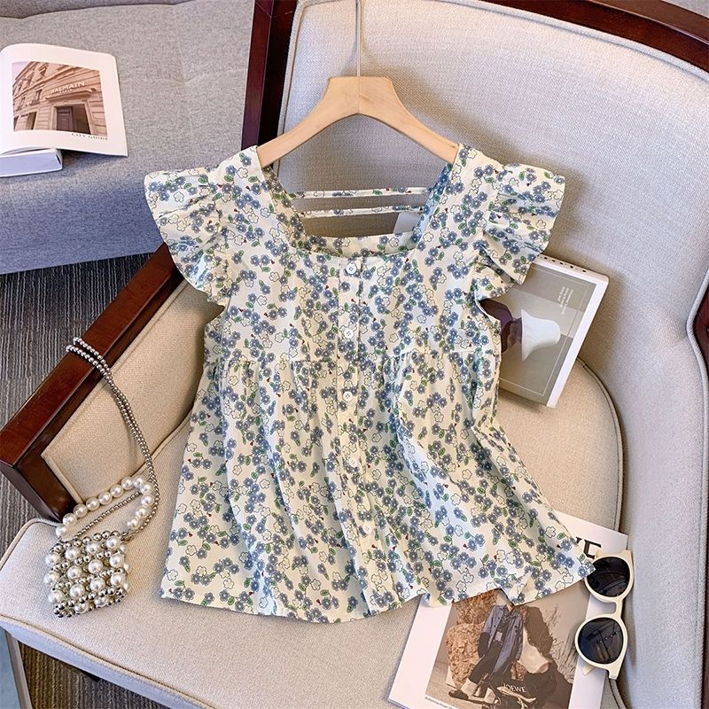 小清新甜美減齡碎花方領飛飛袖襯衫