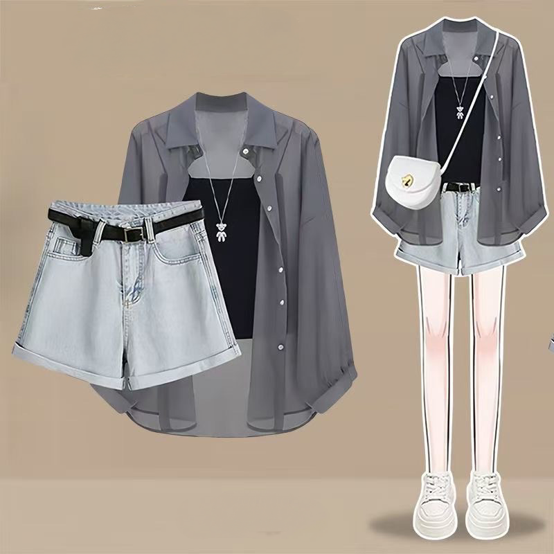 【單品/套裝】防曬襯衫吊帶牛仔短褲三件套裝-lululam