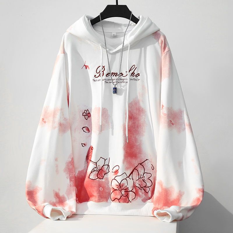 國潮漸變色櫻花刺繡連帽日系oversize帶帽衛衣-lululam