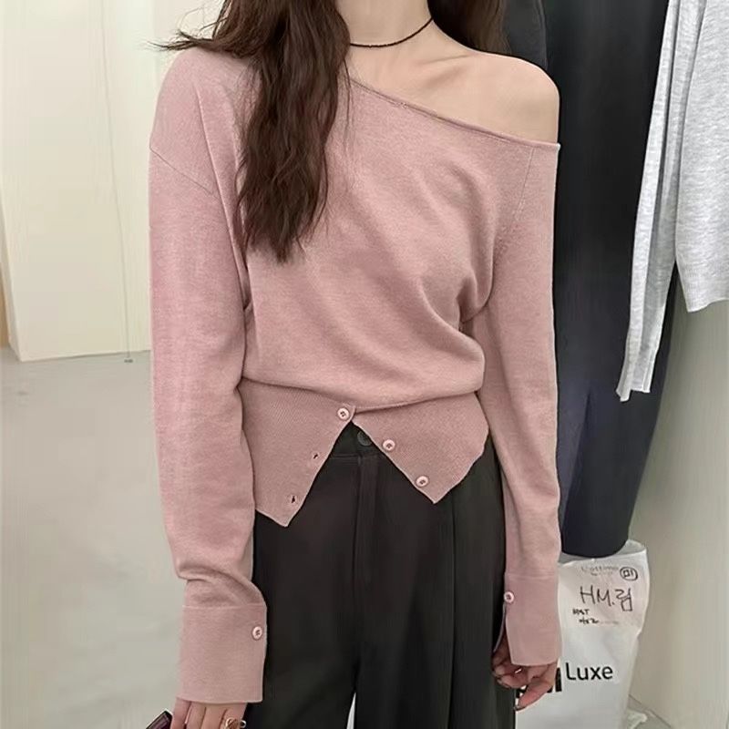 斜肩下擺開衩法式氣質長袖針織衫