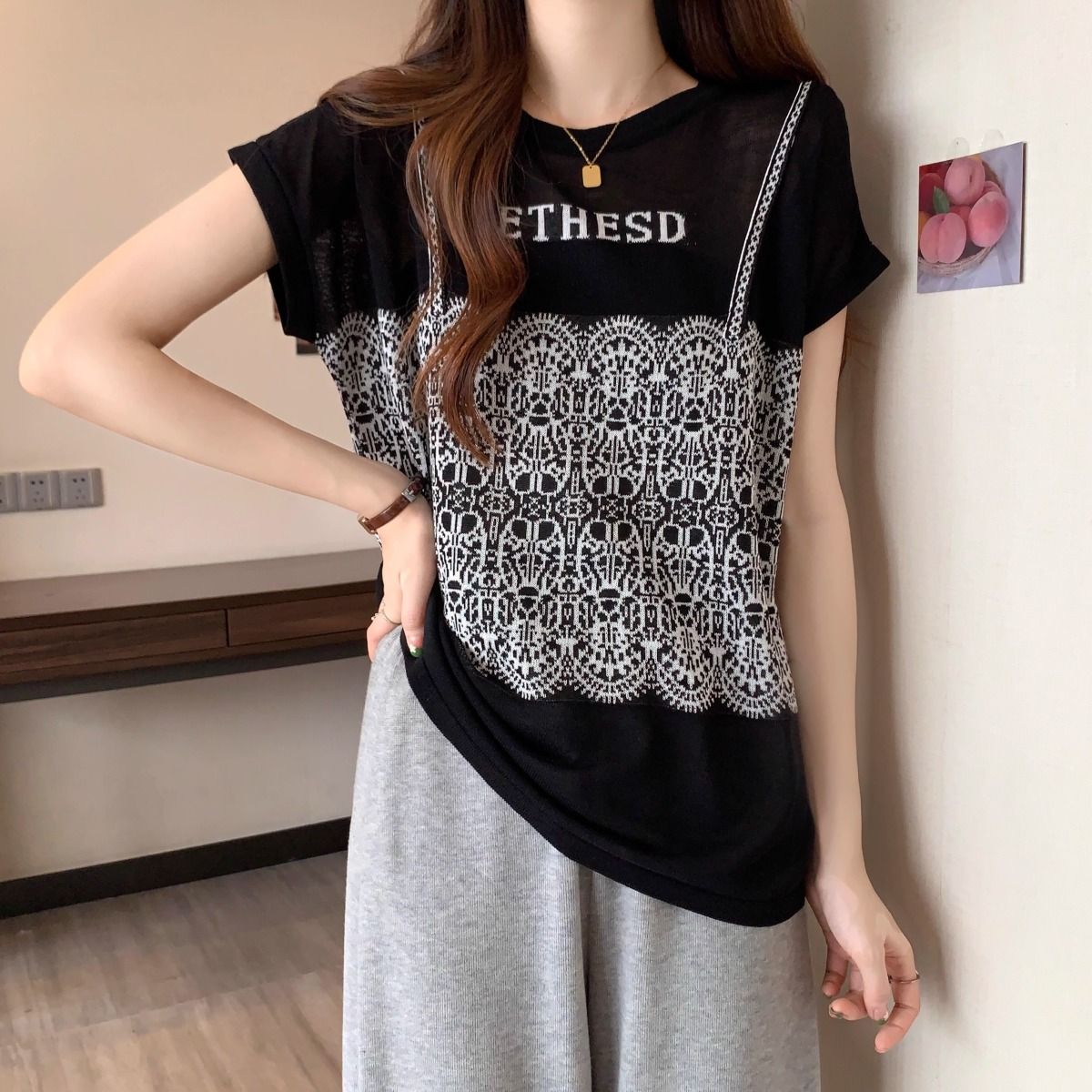 法式假兩件冰絲針織蕾絲拼接短袖t恤