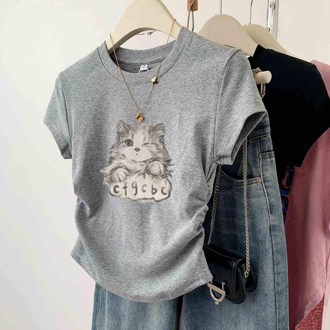 貓咪印花正肩小眾修身顯瘦短袖t恤