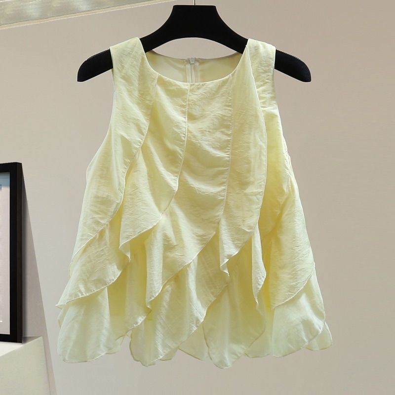 荷葉邊拼接寬鬆顯瘦純色圓領拉鍊背心-lululam