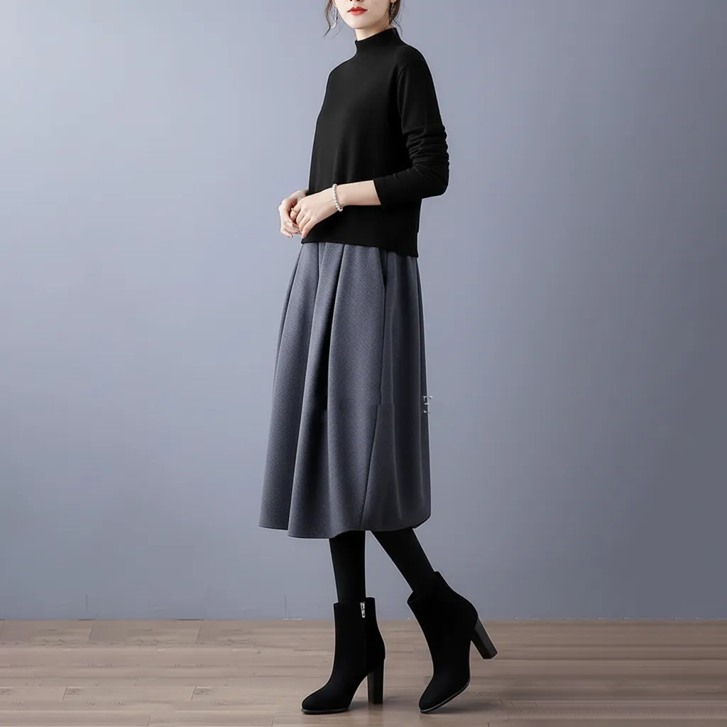 日韓休閑圓領長袖潮流拼色假兩件洋裝