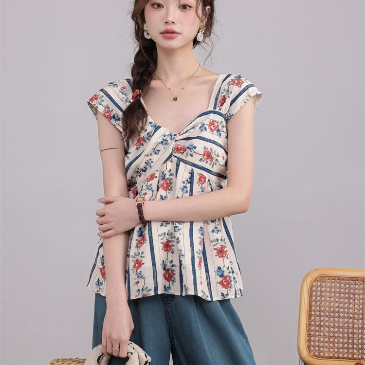 復古碎花設計感別緻漂亮V領無袖上衣-lululam