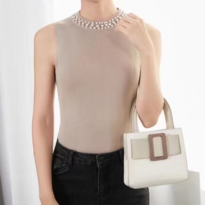 小香風氣質純色薄款釘珠針織背心-lululam