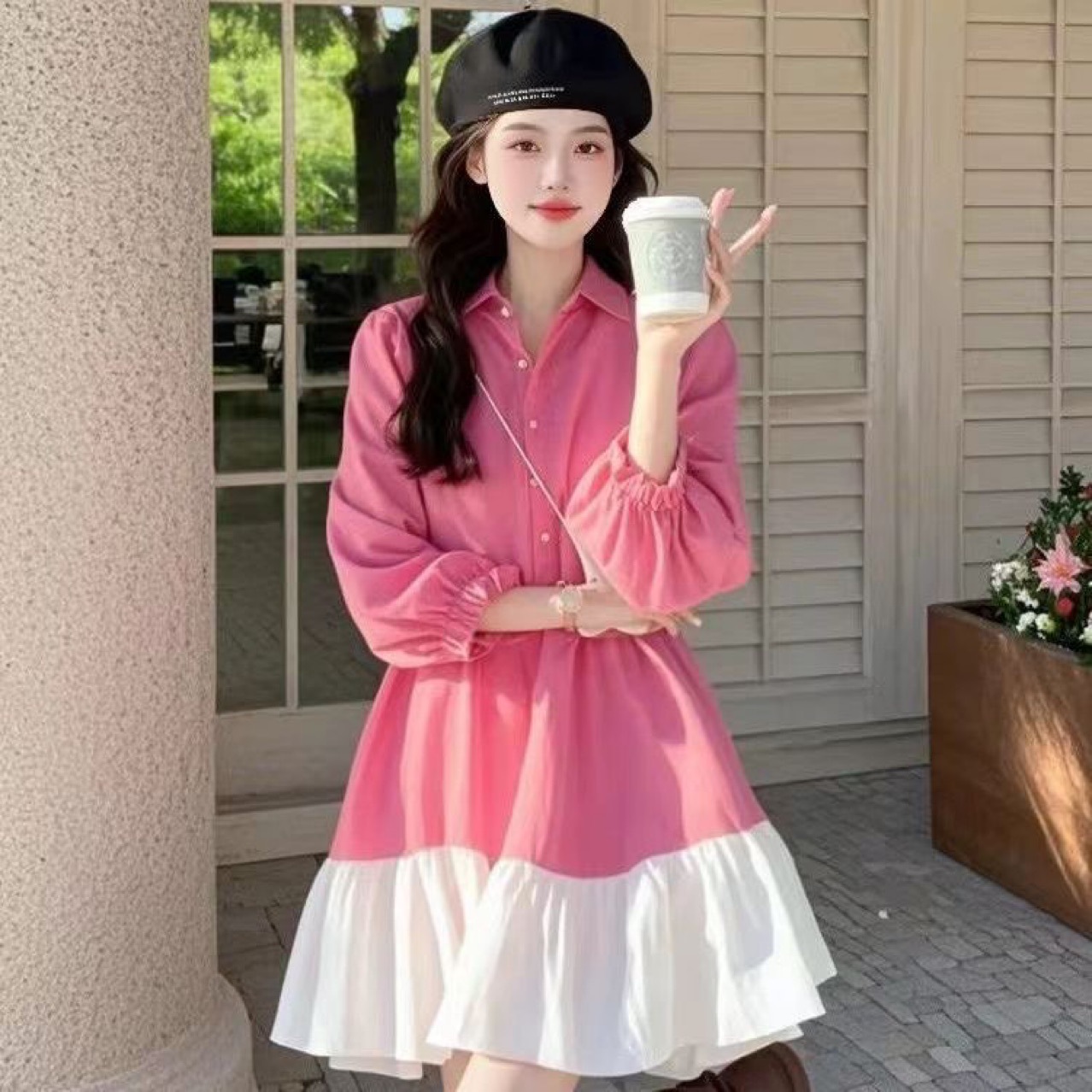 多巴胺獨特小香風減齡粉色拼接襯衫洋裝