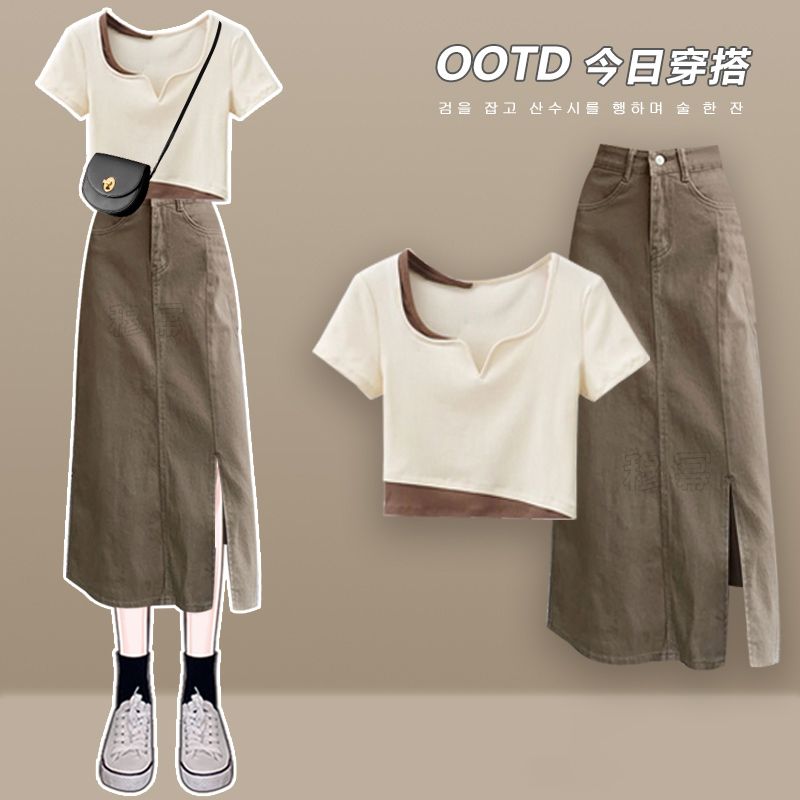 【套裝】休閒百搭潮流短袖V領+顯瘦牛仔半身裙兩件套裝-lululam