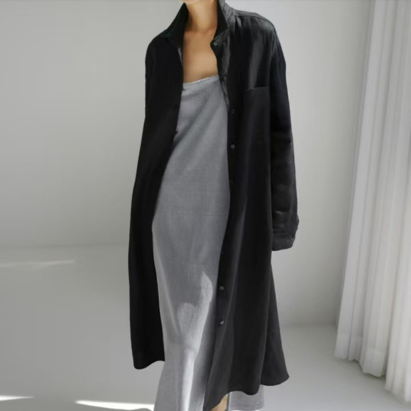 寬鬆休閒文藝顯瘦素色氣質翻領洋裝-lululam