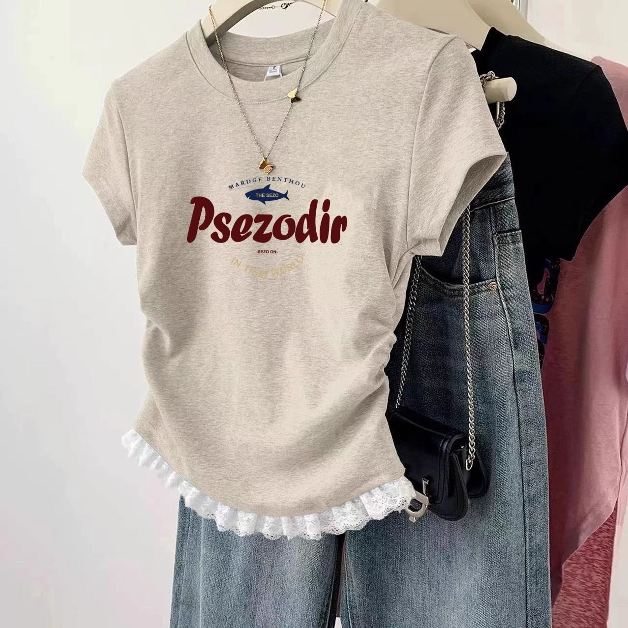 美式短款正肩蕾絲設計感褶皺收腰短袖t恤-lululam