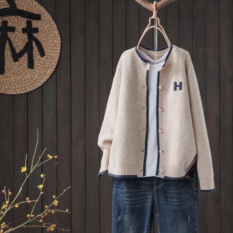 百搭文藝素色圓領單排扣寬鬆針織開衫