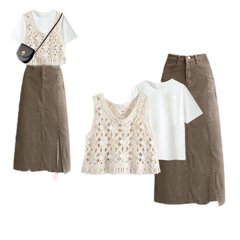 針織背心百搭T恤開叉牛仔半身裙三件套裝-lululam