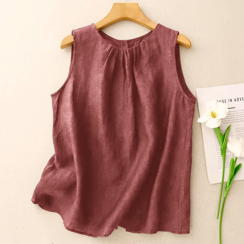 文藝風素色棉麻薄款寬鬆顯瘦無袖背心-lululam