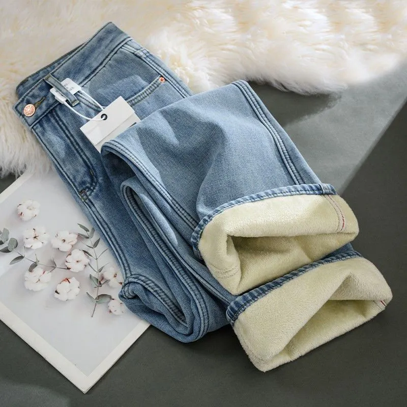 加厚刷毛窄版闊腿高腰寬鬆顯瘦直筒牛仔褲