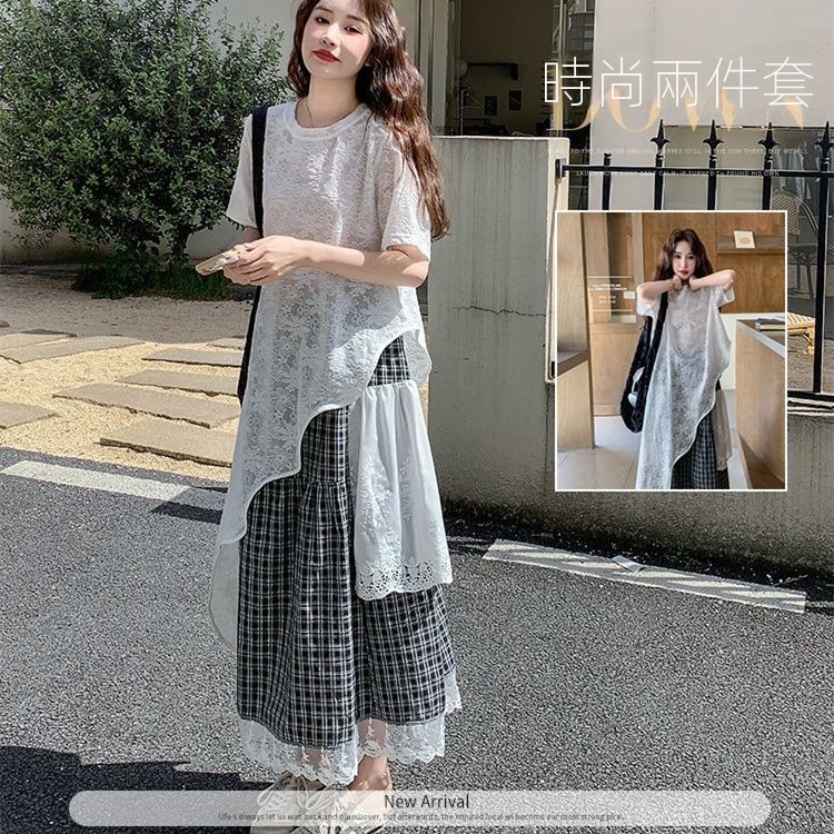 【單件/套裝】高級設計感蕾絲衫+黑白格半身裙兩件套裝-lululam