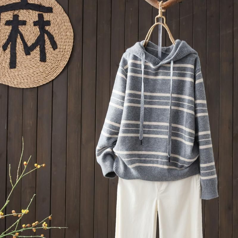 休閒慵懶長袖條紋顯瘦連帽針織毛衣