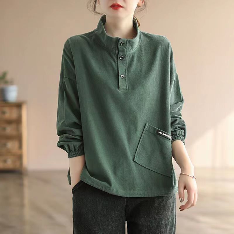 立領大碼寬鬆顯瘦紐扣設計感長袖T恤