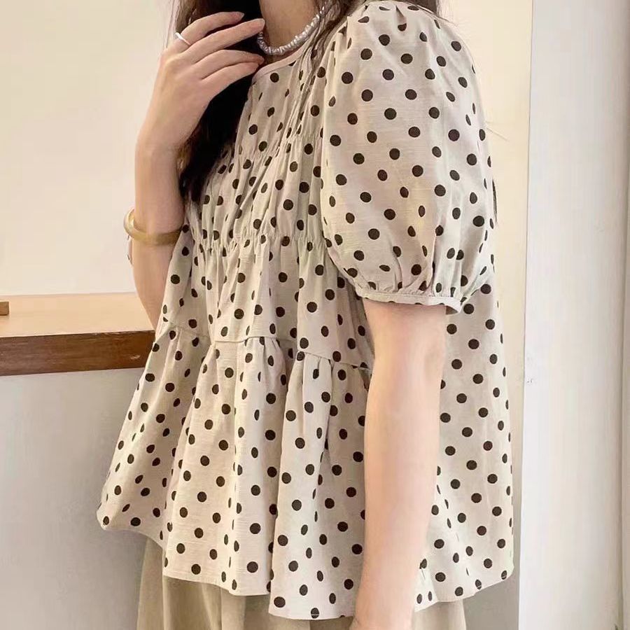 棉麻氣質休閒泡泡袖波點A字襯衫-lululam