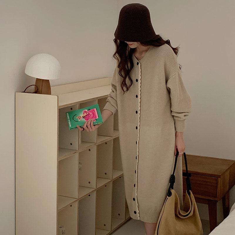 韓版慵懶寬鬆圓領針織開衫連衣裙