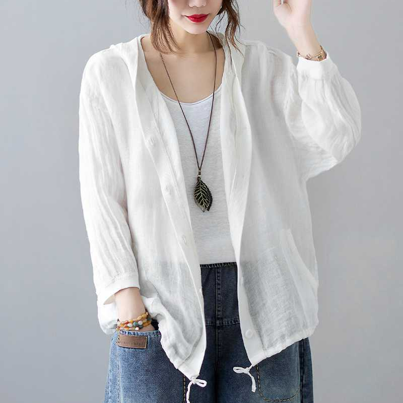 復古連帽棉麻寬鬆文藝防曬中長款空調開衫-lululam