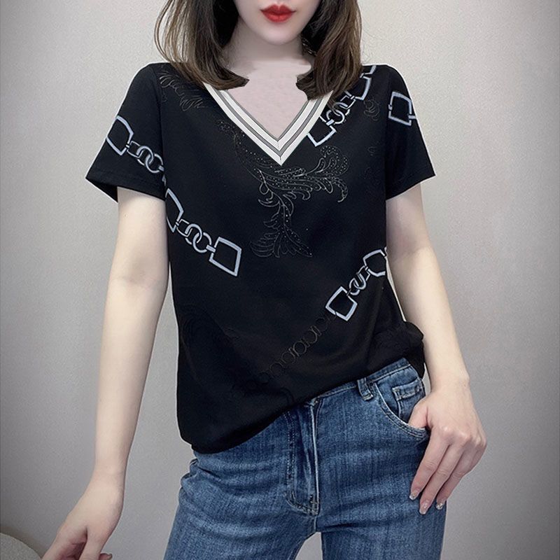 休閒設計感拼色短款印花圓領短袖-lululam