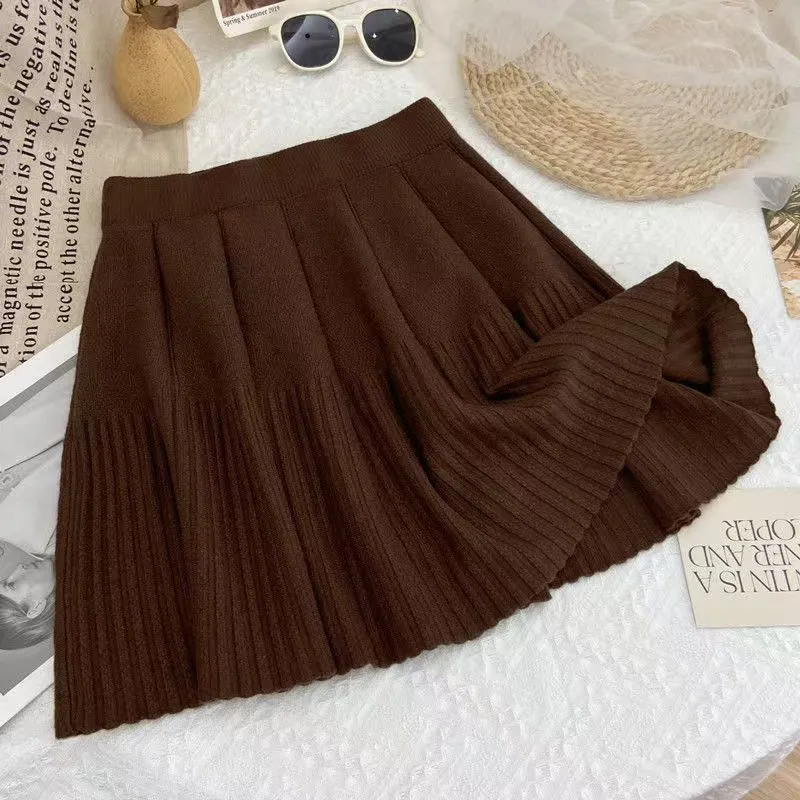 設計感顯瘦高腰針織裙遮跨A字百褶半身裙