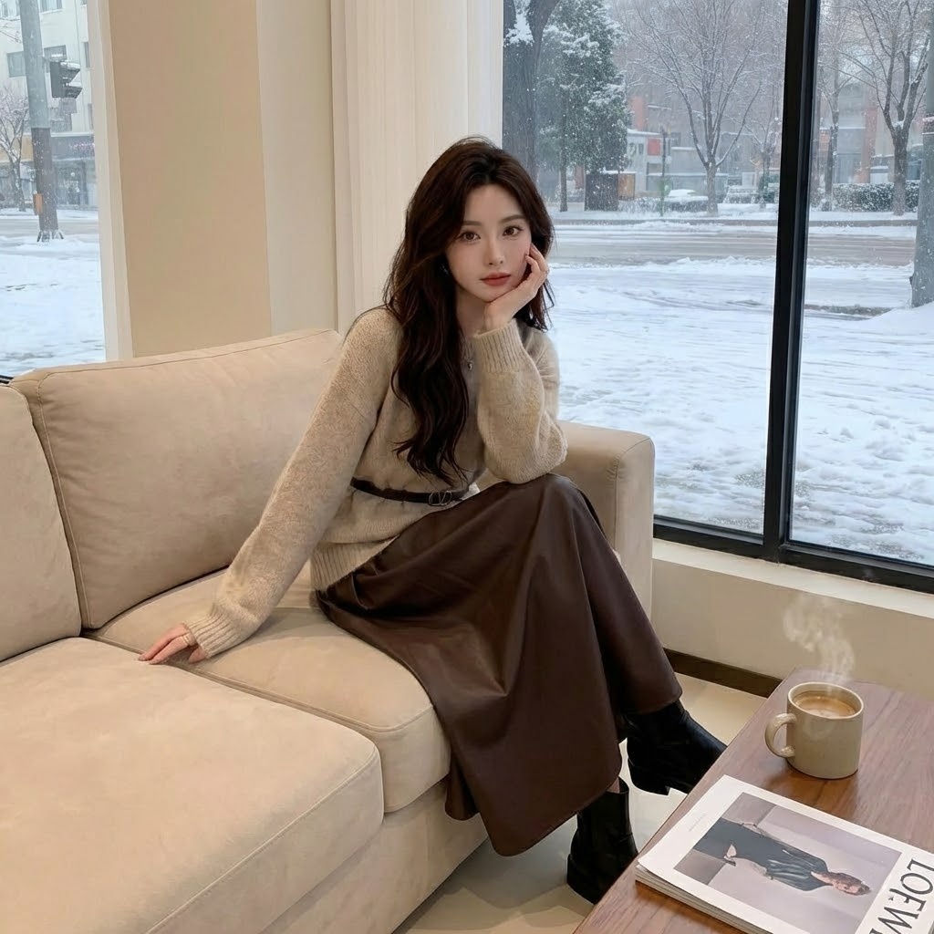 【單件/套裝】素色長袖針織衫+高腰半身裙兩件套