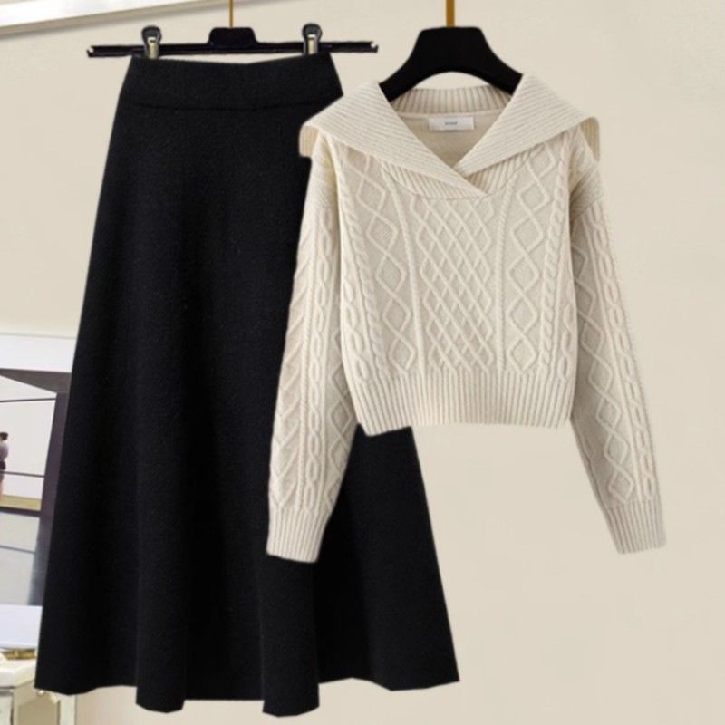【單件/套裝】慵懶風娃娃領麻花毛衣+高腰A字針織半身裙兩件套