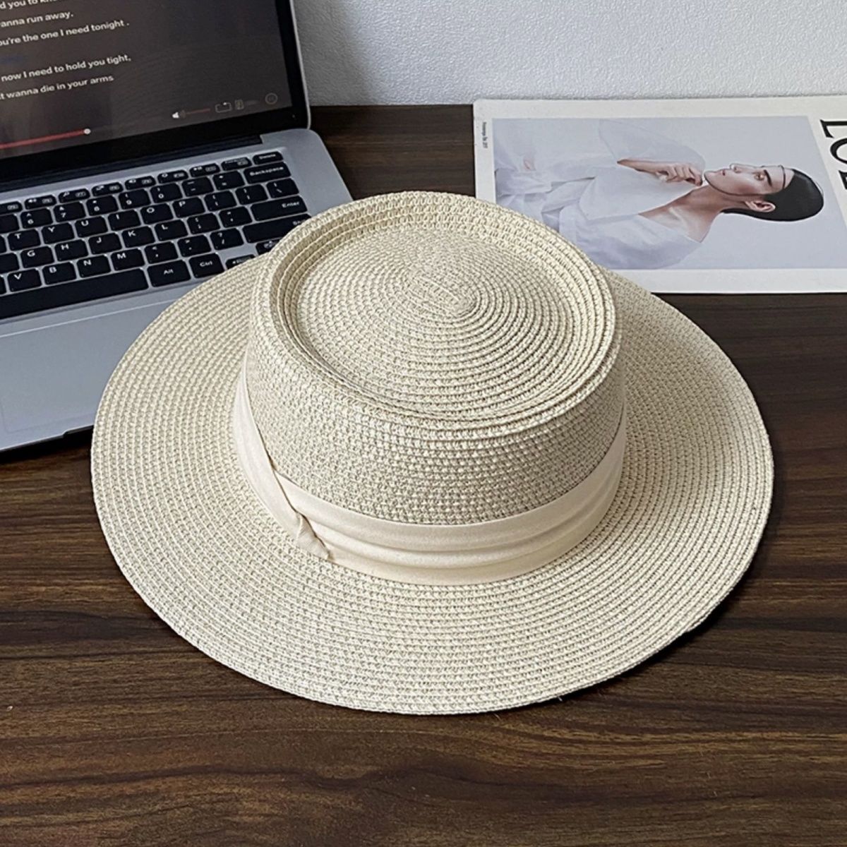 赫本風法式平頂草帽大帽檐遮陽防曬帽度假沙灘帽-lululam