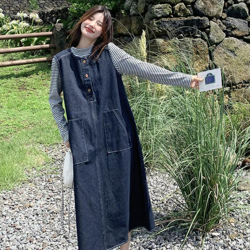 【單件/套裝】韓系條紋顯瘦上衣+復古牛仔背心洋裝兩件套-lululam