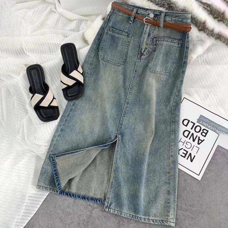 高腰大碼休閒A字顯瘦開叉牛仔半身裙-lululam