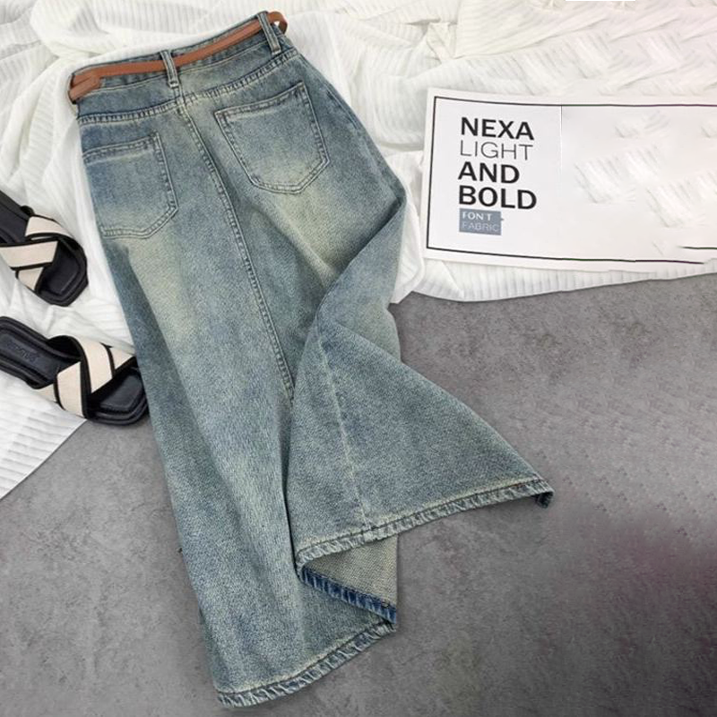 高腰大碼休閒A字顯瘦開叉牛仔半身裙-lululam